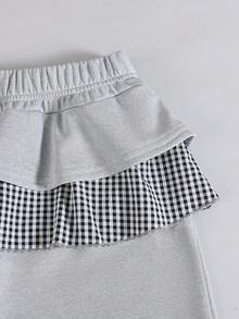 1 件套青少年女孩二合一花卉蕾丝休闲拼布灰色阔腿直筒裤，秋冬