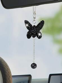 1pc Car Interior Pendant Full Diamond Shining Butterfly Car Rearview Mirror Decoration Car Interior Pendant Women's Car Accessories