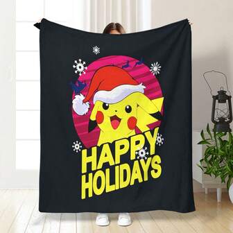 pokemon 1 pieza Nueva manta de Pokémon Pikachu navideño, manta de felpa de poliéster con impresión digital de alta definición y estilo moderno, suave y cálida, perfecta para acampar, sofá o viaje, cómoda, ligera, plegable, adecuada para sofá, cama, mecedora, chal de oficina, mejor opción de regalo
