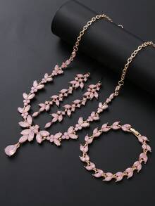 4 Pieces/Set Rhinestone Rhinestone Bridal Bridesmaid Jewelry Set, Elegant Horse Eye Pointy Rhinestone Leaf Necklace Pendant Earrings Bracelet Set, Suitable For Women's Wedding Party Accessories - Baby Pink - View 6