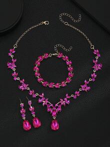 A Set Of 4 Pieces/Pieces Of Fashionable And Elegant Alloy Rhinestone Glass Necklace, Earrings And Bracelet Jewelry, Suitable For Women's Weddings, Banquets, Balls And Parties - 玫紅色 - 查看 5
