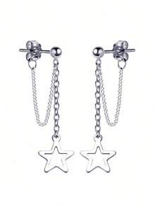 1pair Stainless Steel Hollow Out Star Pendant Front Back Hypoallergenic Pin Earrings - 銀色 - 查看 5