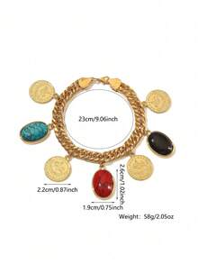 1pc Elegant Vintage Copper Alloy Gold Plated Coin & Ball Pendant Chunky Chain Bracelet, Suitable For Women Everyday Wear And Holiday Gift