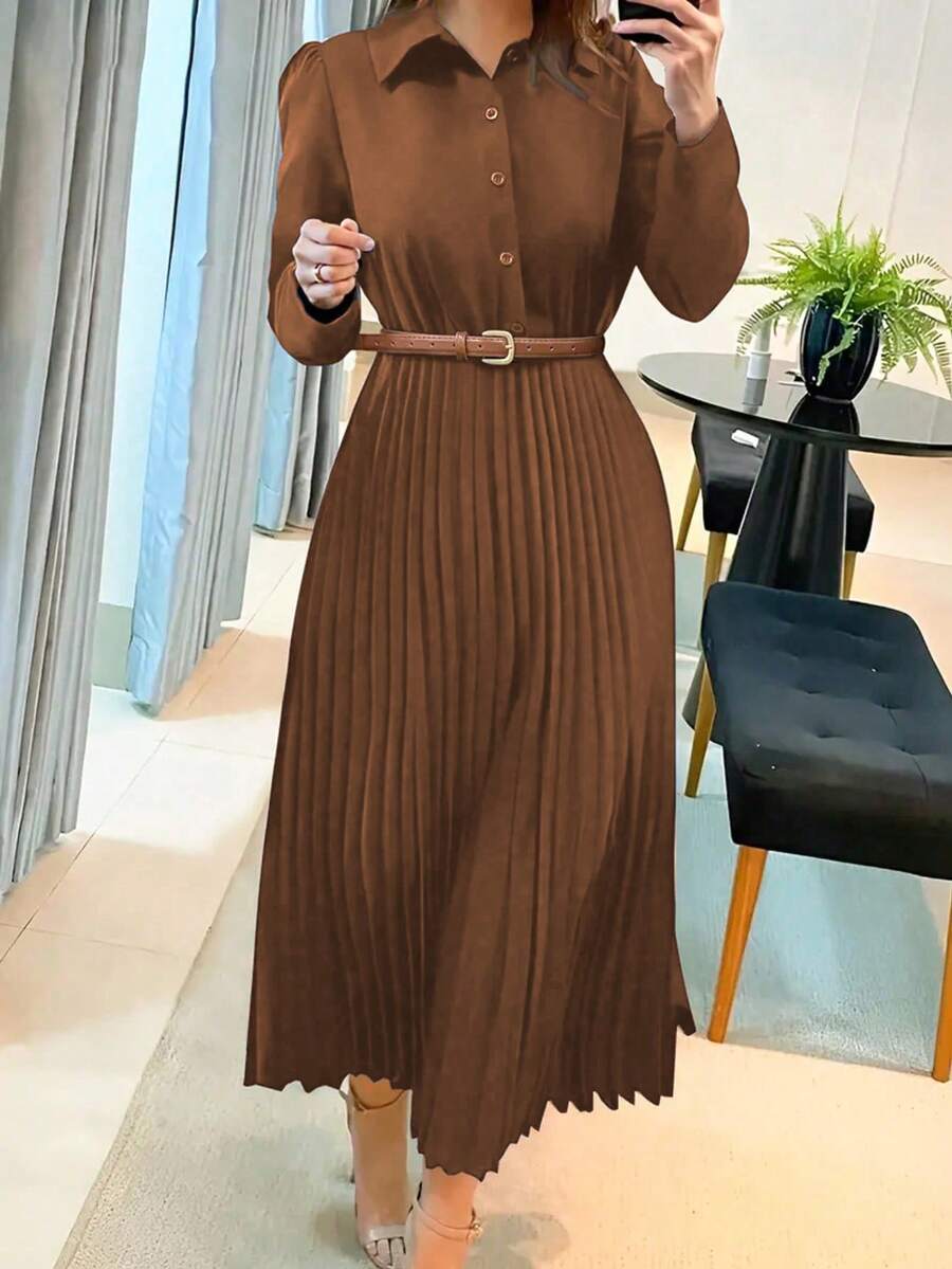 Vestido camisero de manga larga con pliegues y botones, elegante para mujer (sin cinturón), otoño - Café integral - Ver 1