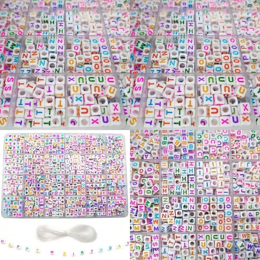 1200 Pcs Set 6*6mm Colorful Cube Acrylic Black Alphabet Vowel Letter Beads A-Z Heart Pattern Beads And Crystal Line For Jewelry Making Bracelets Necklaces Key Chains
