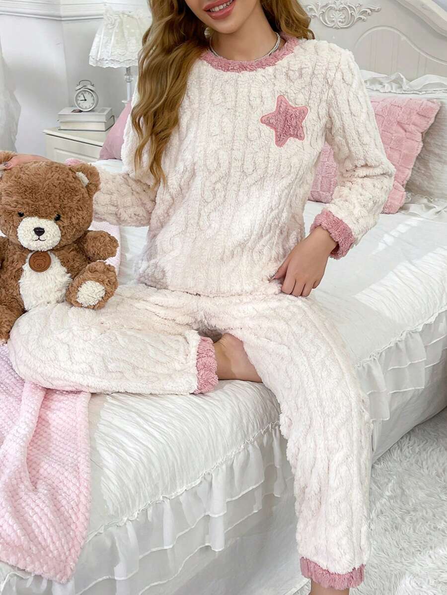 2pcs Women's Autumn/Winter Flannel Pajama Set, Thickened Coral Fleece Long Sleeve Top And Pants, Round Neck, Embroidered Pentagram Cute Cartoon Warm Suit, Comfortable - Pink - View 1