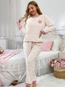 2pcs Women's Autumn/Winter Flannel Pajama Set, Thickened Coral Fleece Long Sleeve Top And Pants, Round Neck, Embroidered Pentagram Cute Cartoon Warm Suit, Comfortable - Pink - View 4