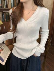 女士 V 领修身罗纹针织毛衣，百搭长袖休闲上衣 - 白色 - 查看 10