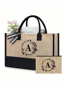 1pc/2pcs Set, Initial Canvas Tote Bag With Makeup Pouch, Personalized Gift Bag Suitable For Wedding, Birthday, Beach, Vacation, Backpack And More, Great Gift For Women, Moms, Teachers, Friends, Bridesmaids, Students, Large Capacity Tote - Khaki - View 82