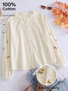 法式蕾丝边刺绣长袖衬衫，女士春夏穿搭，休闲半透明上衣 - 杏色 - 查看 6