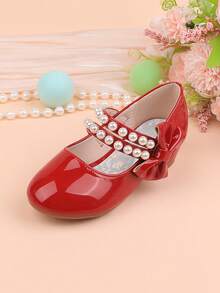 女童时尚红色/酒红色蝴蝶结珍珠装饰粗跟正装鞋，适合正式场合、派对、婚礼、表演、芭蕾、公主风格，舒适经典百搭平底鞋，适合幼儿、小女孩和大女孩 - 酒紅色 - 查看 10