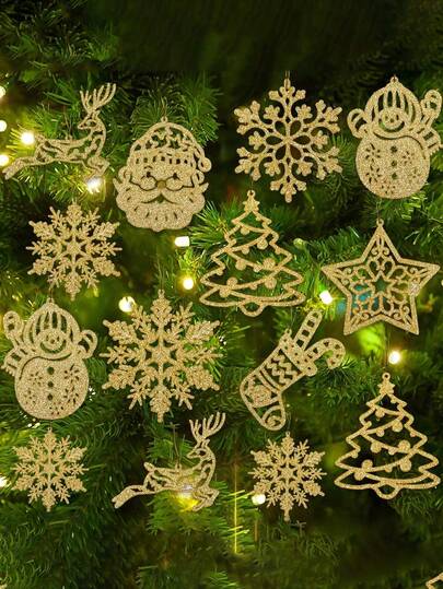 20 件金色雪花装饰圣诞树饰品塑料闪光金色雪花袜子驯鹿圣诞老人雪人各种冬季仙境假期新年圣诞树，节日用品，家居装饰，房间装饰，节日装饰，圣诞树装饰，室内外家居摆设-金色