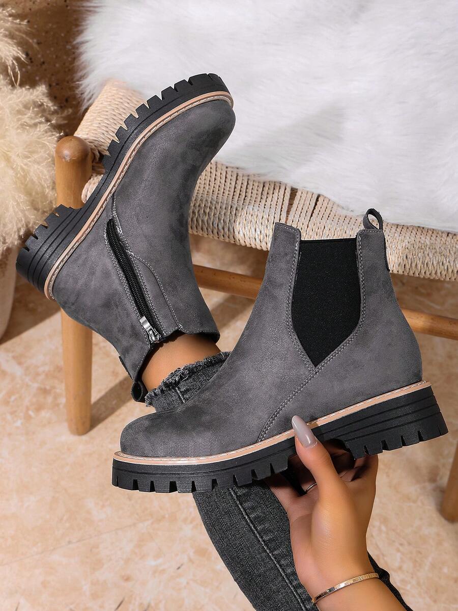 1 Pair Elegant Solid Color Fashion Side Zipper Ankle Boots, Suitable For Outdoor Wear All Seasons - Grey - View 1