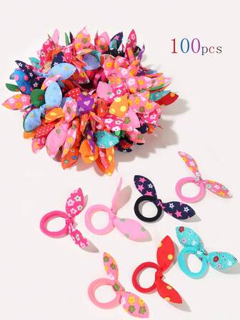 100 Stücke Haargummis mit Kaninchenohren-Design und zufälligem Blumen- und Schleifen-Muster, geeignet für den täglichen Gebrauch