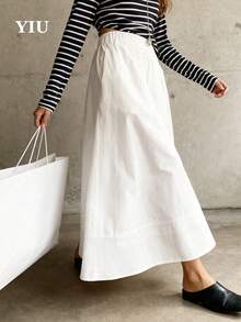 YIU 女士白色百褶喇叭长裙，涤纶材质，无弹力，适合休闲穿着 - 白色 - 查看 11