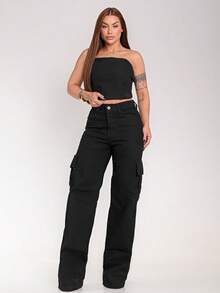 Women's Wide Leg Cargo Cropped Strapless Jeans Set | Premium Cotton - Black - View 1