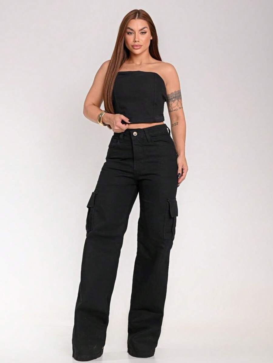 Women's Wide Leg Cargo Cropped Strapless Jeans Set | Premium Cotton - Black - View 1