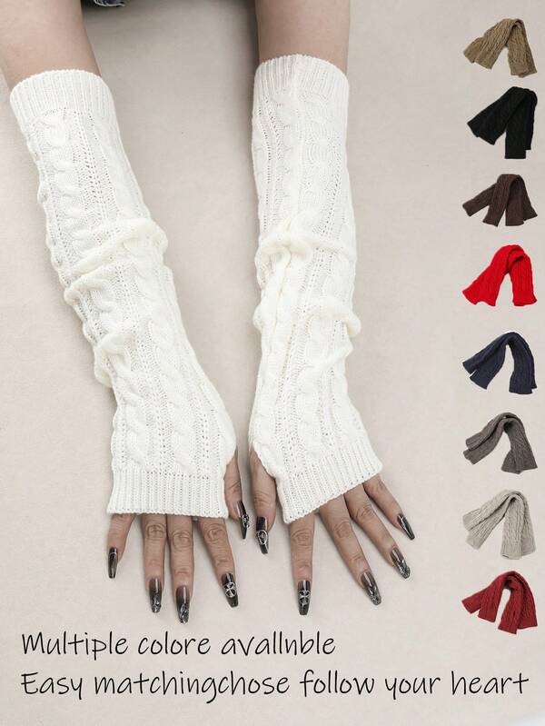 1 Pair Solid Color Cable Knit Gloves, Warm For Outdoor, Street, Travel, Hiking, Cycling In Autumn/Winter