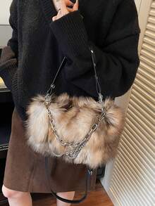 1 geantă de umăr pentru femei, din blană artificială, cu buline, culoare cafea, ombre, cu lanț, la modă pentru toamnă/iarnă