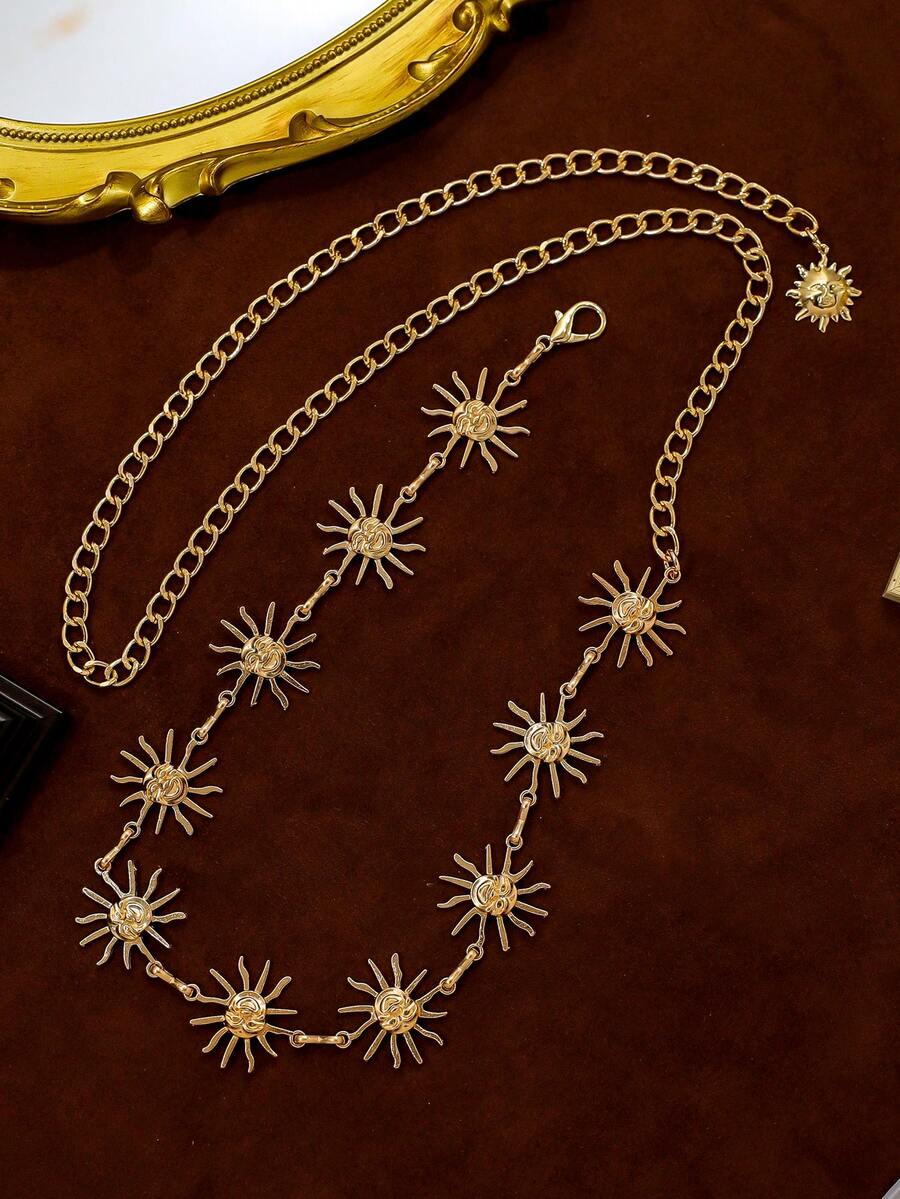 1条极简金色波西米亚风向日葵笑脸腰链，适合婚礼、派对、活动等场合。