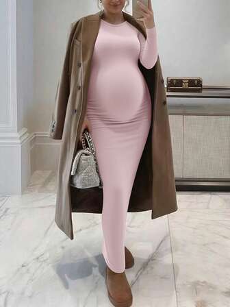 Maternity Dress, Solid Color, Long Sleeve, Casual & Elegant
