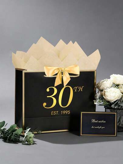 30/40/50/60/70 Birthday Commemorative Gift Bags, Containing Cards And Thin Paper, Suitable For Both Men And Women; Elegant Black And Gold Anniversary Commemorative Party Gift Shopping Bags, For Gift Packaging; Anniversary Party Gift Shopping Tote Bags, Suitable For 40-Year-Old Women Decoration And Creativity