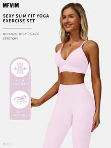 Bộ đồ thể thao nữ MFVIM gồm áo ngực thể thao không đường may, co giãn và quần legging cạp cao, ôm sát, định hình vòng ba, thoáng khí và thoải mái, lý tưởng cho tập luyện, chạy bộ, đạp xe, yoga, pilates và tập gym. - Hồng - Xem 4