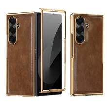 VIETAO 时尚电镀材质复古仿皮手机壳适用于三星 Galaxy Fold 2 3 4 5 6 7 5g 保护手机壳带钢化玻璃屏幕保护膜 - 黑色 - 查看 3