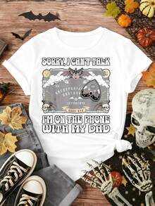 1 pieza 100% algodón manga cortam, Camiseta de manga corta negra de los hombres con Sorry I Can't Talk estoy en el teléfono con mi papá de Halloween esqueleto de impresión, perfecto para la fiesta de Halloween y eventos de disfraces - Blanco - Ver 2