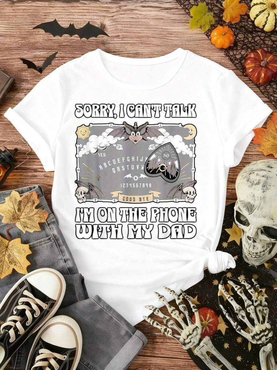 1 pieza 100% algodón manga cortam, Camiseta de manga corta negra de los hombres con Sorry I Can't Talk estoy en el teléfono con mi papá de Halloween esqueleto de impresión, perfecto para la fiesta de Halloween y eventos de disfraces