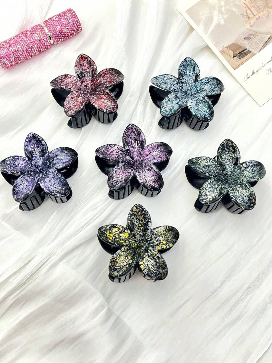 1 pieza/6 piezas/12 piezas Pinzas para el cabello con flores de plástico ABS brillante, adecuadas para playa, viaje, fiesta, vacaciones, vuelta al colegio, accesorios de peinado dulce, pinzas de moda, pasador de pelo de moda, accesorios para el cabello de invierno - Multicolor - Ver 1