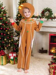 Kids Gingerbread Man Hat And Jumpsuit Two Pieces Set Stage And Festival Performance Costumes For Girls