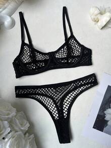 Leopard Print Stripe Lingerie Sexy Ladies See Through Erotic Romantic Bra Set - Black - View 2