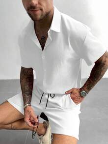 Conjunto informal de 2 piezas de unicolor con textura para hombre GloMan, con camisa de manga corta holgada con pliegue y pantalones cortos con cordón, para calle, diario, reunión, blanco - Blanco - Ver 7