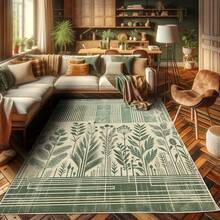 Retro Mid Century Abstract Pattern Rug On Ivory Background, Dark Orange And Reseda Green, 4' X 5' 5", Ideal For Bedroom, Dorm And Living Room - Sampanye Hijau Laurel - View 3
