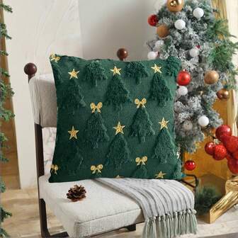 1pc 3D Plush Christmas Tree Throw Pillow Covers, Plush Christmas Tree With Golden Stars And Bowknot Design -18x18 Inch, Suitable For Christmas Decoration Cushion Cover, For Winter Home Decor On Sofas, Room Decor, Christmas Gift, Christmas Tree Pillowcase.