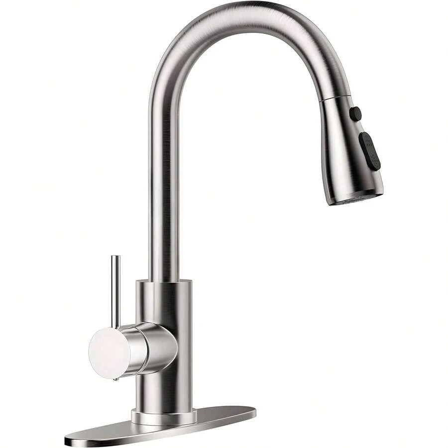 Matte Black/Chromium Plating/Brushed Nickel/Brushed GoldKitchen Faucet With Pull Down Sprayer,Stainless Steel Single Handle Kitchen Faucet,Multiple Modes Switch Water, 8'' Deck Plate Included,Suitable For Farmhouse Laundry Rv Bar - 拉絲鎳 - 查看 1