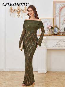 Olive Green Elegant Maxi Long Sleeve Dresses Off The Shoulder Sequin Evening Prom Dress For Christmas, Party, Wedding - Olive Green - View 2