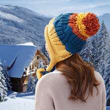 Gorro de invierno peruano para mujeres con orejeras, gorro de esquí de sherpa, gorros de nieve de punto forrados de lana con 3 pompones - M8375-zangqing - Ver 8