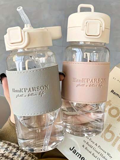 Botella de agua deportiva a prueba de fugas de 500ml con pajita y tapa abatible - Hecha de material libre de PVC y PET, forma ovalada, excelente para el gimnasio, aventuras al aire viajes