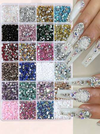 1pc 24-Compartment Mixed 4mm Jelly ABS Resin Suitable For Glass Cup, Colorful Rhinestones, Flat Back, Striped, Shiny Crystal Rhinestones For Clothing Decoration, Nail Art, Jewelry Crafts