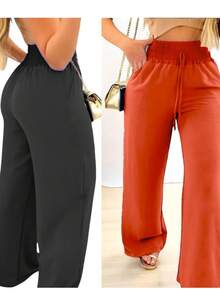 Women's Polyester Wide Leg Pants With Pockets And Medium Stretch, Long Straight Leg Design - Black + Terracotta - View 2
