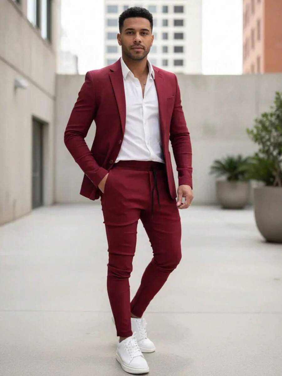 Men's Set Blazer Pants Slim Suit Formal Fashion - Maroon - View 1