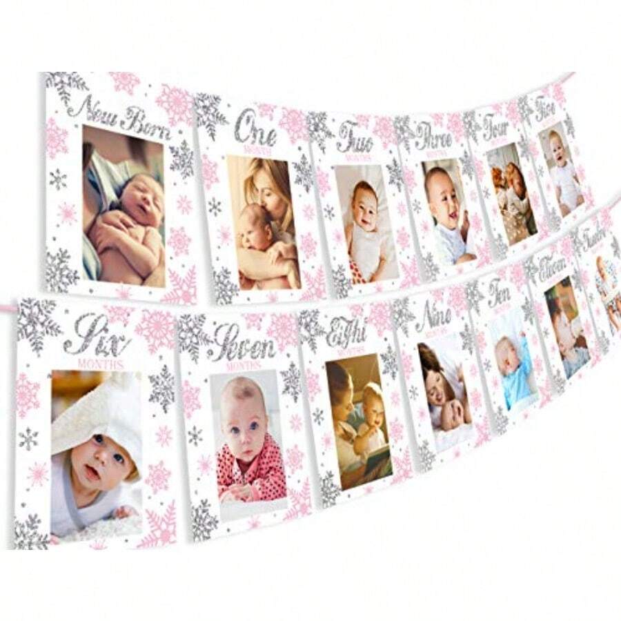 Lan-Kreatwow Snowflake Winter Onederland Photo Banner Monthly Newborn To 12 Months Photo Banner For Winter Frozen 1st Birthday Decorations Pink Christmas Snowflake 1st Birthday Decorationslan134 - 如圖 - 查看 1