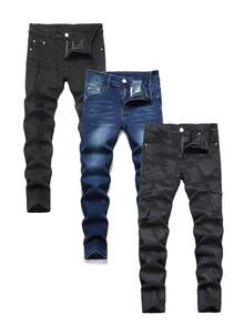 3 Pieces/Set Young Boys Retro Worn Casual Soft Basic Simple Style,Black,Blue Color, Denim Pants - 軍綠色 - 查看 1