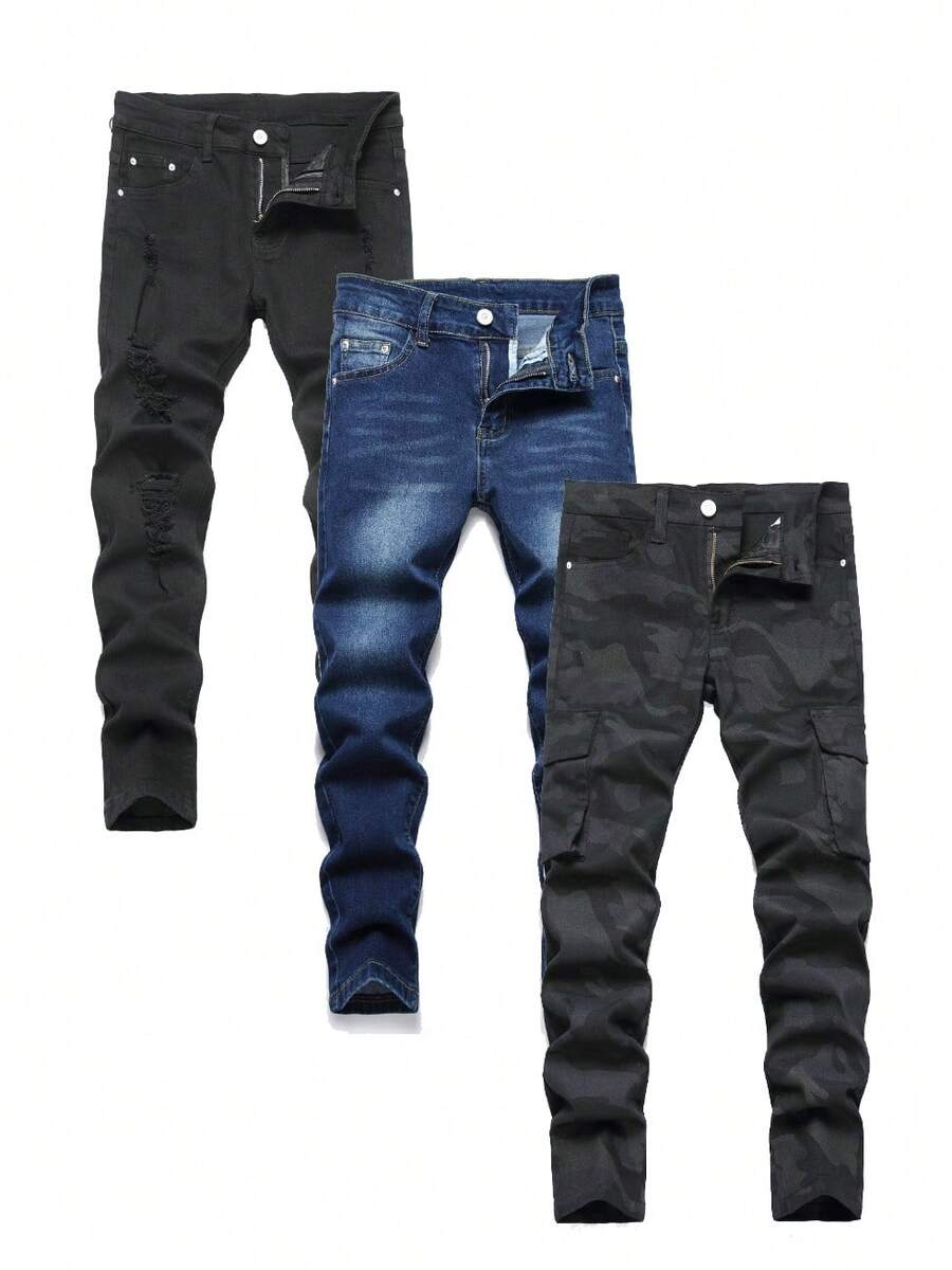 3 Pieces/Set Young Boys Retro Worn Casual Soft Basic Simple Style,Black,Blue Color, Denim Pants - 軍綠色 - 查看 1