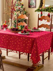 MineLain 1pc Red & Gold Jingle Bell Rectangular Tablecloth, Christmas Red Dining Table Cover, Red Lace Decor, Washable, Suitable For Coffee Table, Nightstand, Cabinet, Dining Table, Farmhouse Home Decor, Ideal For Kitchen, Dining Room, Gathering, Party, New Year Decoration, Christmas Gift And Supplies, Christmas Decor, Autumn Decor, Merry Christmas - Red - View 15