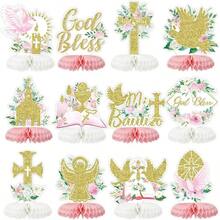 D12Pcs Baptism Honeycomb Centerpieces Party DecorPink God Bl Cross Religious Baptism Table Centerpieces For Baby Shower First Communion Birthday Party Decorations Pink God - 粉紅之神 - 查看 1