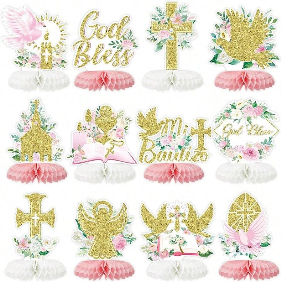 D12Pcs Baptism Honeycomb Centerpieces Party DecorPink God Bl Cross Religious Baptism Table Centerpieces For Baby Shower First Communion Birthday Party Decorations Pink God - 粉紅之神 - 查看 1