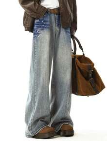 Womens Rivet Wide Leg Jeans Low Rise Baggy Jeans Straight Denim Pants Fall - 復古藍 - 查看 5